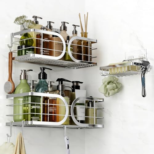Shower Caddy 3 Pack with Soap Holder No Drill Wall Mounted 304 Stainless Steel Durable Large Capacity Adhesive Shower Rack Organiser Quick Dry Rustproof Bathroom Storage Shelves(Silver) - color: Silver, size: 3 Pack