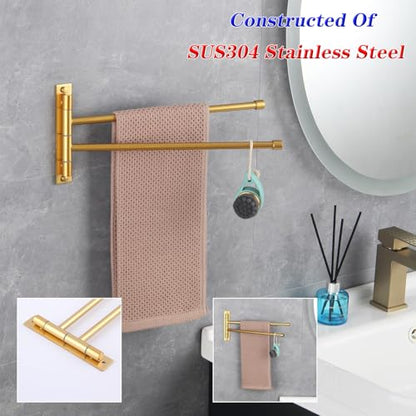 GERZWY Bathroom Swing Arm Towel Bars 2-Arm Wall Mount Stainless Steel Bath Towel Rack Hanger Towel Holder Organizer Gold Finished HYG02-BE - color: Gold