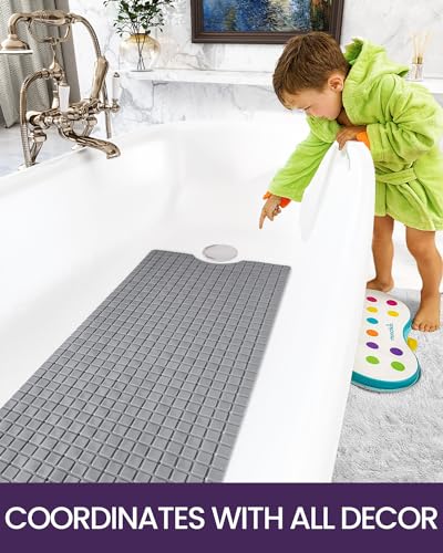 DEXI Bathtub Mat Non Slip, 39x16 Bath Tub Shower Floor Bathroom Mats Grey | Extra Long Suction Cups, Drain Holes, Machine Washable for Tub Shower Floor Bathmat - color: Gray