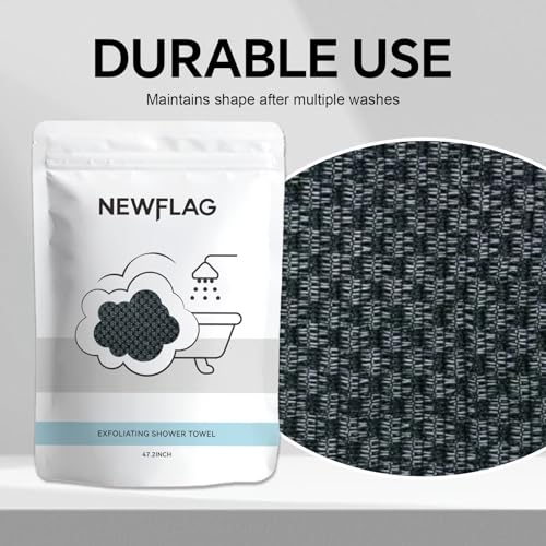 NEWFLAG 2 PCS Exfoliating Shower Towel, Premium Scrub Bathroom Towel Set, 47" Dual-Sided Body Scrubber for Sensitive Skin, Deep Cleansing for Body & Face, Long Back Scrubber for Women Men, Black - color: Black