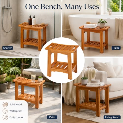 Simple Deluxe Teak Shower Bench, 14" Wood Shower Bench with Shelf, Waterproof Shower Stool for Inside Shower, Bath Chair for Bathroom, Tubs & Outdoor Use, 250LBS - size: 14"