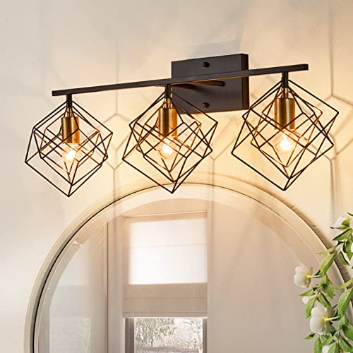 3 Light Vanity Light for Bathroom,Bathroom Light Fixtures Over Mirror with Rotatable 3 Cube Shades, Modern Wall Mounted Lights Matte Black,Industrial Black Vanity Light for Hallway Living Room - color: Matte Black With Pineapple Gold, size: 3-Lights ( 28"