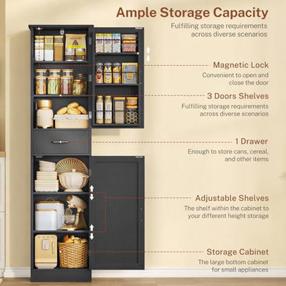 Tall Storage Cabinet with 3 Door Shelves & 1 Drawer, Narrow Kitchen Pantry Cabinet for Living Room, Bathroom, Entryway, Black - color: Black