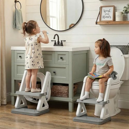 Potty Training Toilet Seat with Step Stool Ladder for Boys and Girls, 2 in 1 Potty Training Toilet, Splash Guard Anti-Slip Pad Step Stool（Gray-White) Pedal Upgrade - color: Gray-white