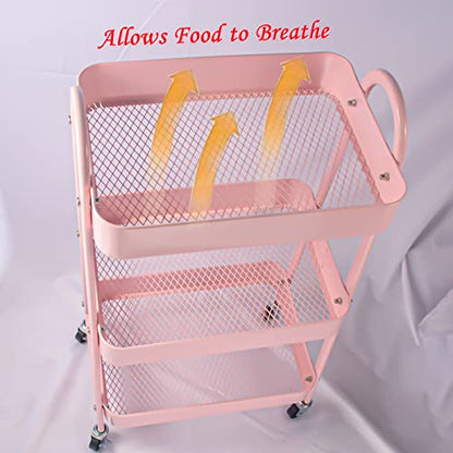 Utility Cart, 3-Tier Rolling Slim Storage Cart with Wheels, Metal, Pink - color: Pink