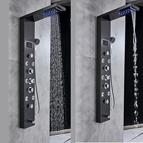 LED Light Shower Panel Tower Rainfall Waterfall Shower Head with Massager Jets Body System Jet