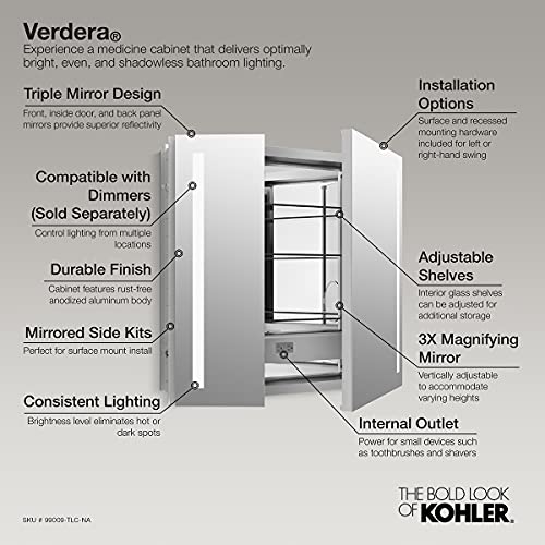Kohler 99009-TLC-NA Verdera, Medicine Cabinet Mirror with Lights, Recessed or Surface Mount Bathroom, 34 in. W x 30 in. H - size: 34" W x 30"H, style: Lighted