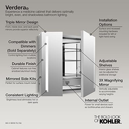 Kohler 99009-TLC-NA Verdera, Medicine Cabinet Mirror with Lights, Recessed or Surface Mount Bathroom, 34 in. W x 30 in. H - size: 34" W x 30"H, style: Lighted