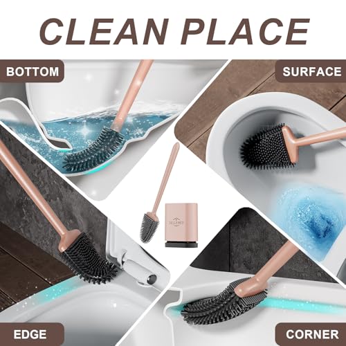 Silicone Toilet Brush, Ventilation Slots Holder 1 Pack, Rose Gold | Flexible Bristles Flat Head for Rim, Hair Tangle-Free, Easy to Clean, Compact Design, Rustproof Handle, for Toilet/Sink/Tub - color: Rose Gold