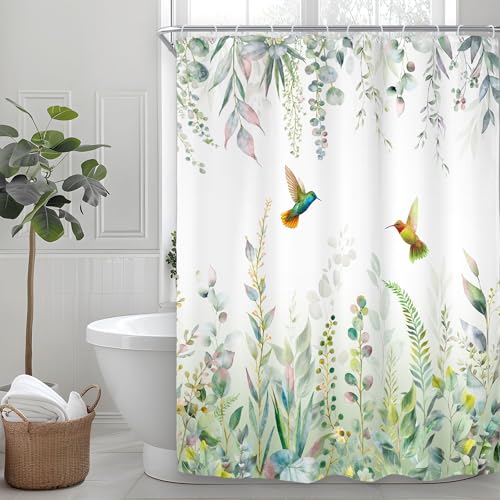 Sage Green Eucalyptus Spring Hummingbird Plants Bathroom Shower Curtain Set | 54"W x 78"H Botanical Leaves; waterproof HD print, quick-dry fabric with 12 free hooks for easy hanging. - color: A-sage Green, size: 54"W x 78"L (Pack of 1)