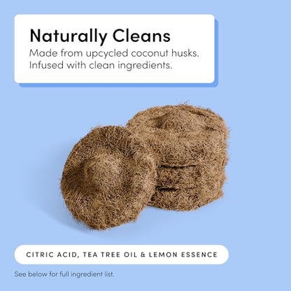 TUSHY Toilet Brush 2.0 Set with Holder, 8 Coconut Husk Scrubbing Pads | Cleanser-Infused and Disposable, Planet Friendly Refills in Lemon and Tea Tree Scents - style: Brush Starter Kit