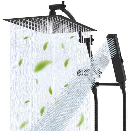 Hibbent All Metal CUPC Certified 12'' Rainfall Shower Head, Dual Shower Head Combo, High Pressure Handheld 4 Sprays Shower Wand, 16'' Adjustable Extension Arm, 71'' Hose, Shower Holder, Matte Black - color: Matte Black, style: Square 12''