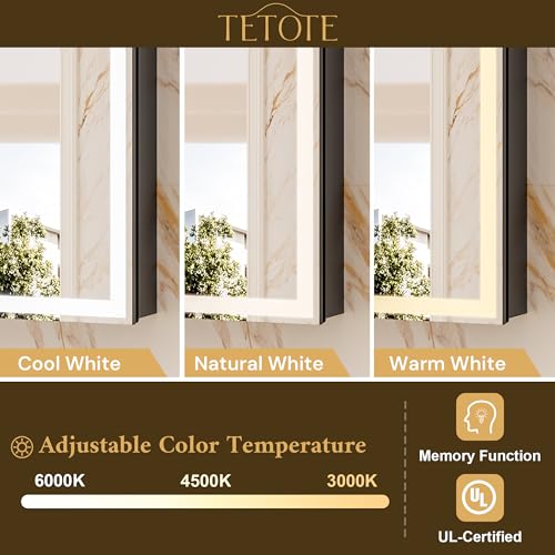 TETOTE 20 x 26 Lighted Bathroom Medicine Cabinet with Adjustable Shelves, Black Aluminum Cabinet, Anti-Fog Stepless Dimmable 3 Colors White/Warm/Natural, Easy to Install(Wall Mount/Recessed) - color: Black, size: 26"L x 20"W
