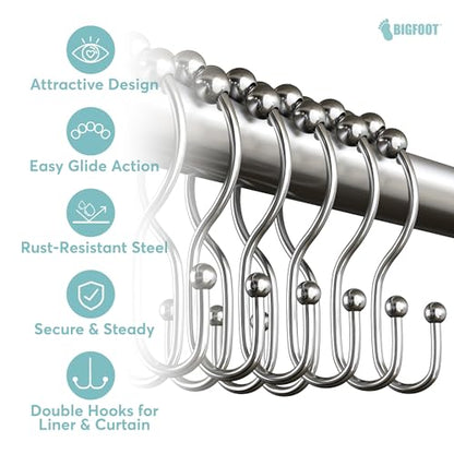 BigFoot Shower Curtain Hooks, Stainless Steel, Rust Resistant, Easy Installation & Smooth Glide, Fits Standard Shower Rods, 2 Hook Rings Hold Liners & Curtains, 12 Pieces, Nickel Color - style: Style 3 Double Hook