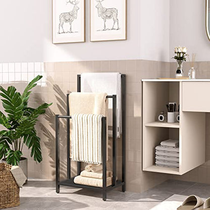HOOBRO Free Standing Towel Rack, 3 Tier Blanket Rack, Blanket Holder for Bathroom, 16.9" L x 11" W x 31.9" H, Industrial Metal Drying and Display Rack with Shelf, Black BB03LB01 - color: Black + Black, size: 16.9"L x 11"W x 31.9"H