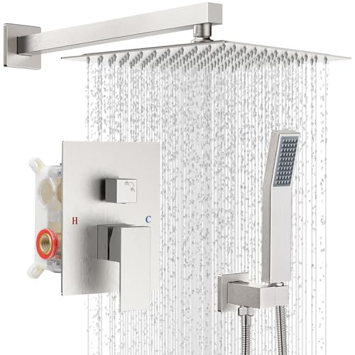 Shower Faucet Set With Shower Head,Brush Nickel Shower System | Wall Mounted,2-Function SUS304 Rain Head and Handle System，Shower Valve Body - color: Brush Nickel, style: 10''-Wall Mount