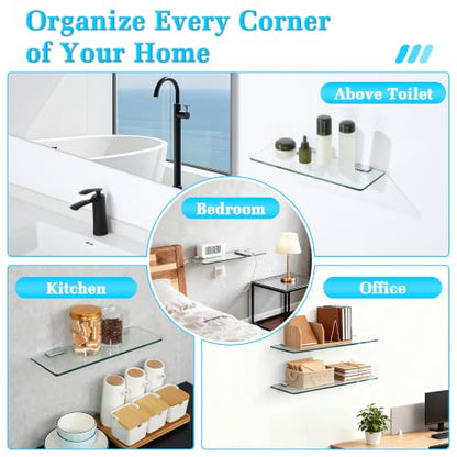 Alise Glass Shelves for Bathroom,15 Inch Wall Mounted Floating Shelf,Chrome | Tempered Glass Shelf,Metal Brackets,Rectangular,Floating Glass Shelves,Over Toilet,Vanity,Bedroom,Kitchen,1 Pack - color: Chrome