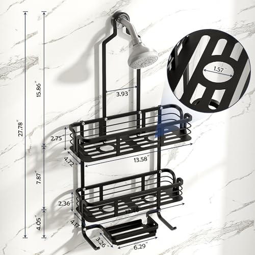 Shower Caddy Hanging, Never Rust Aluminum Shower Organizer, Over Showerhead No Drilling Shower Racks, with Soap Holder Multi Hooks Bathroom Storage for Shampoo Sponge, Black - color: Black