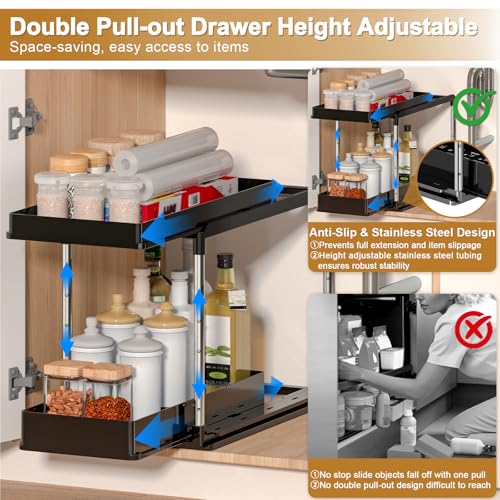 NIUXX Expandable Under Sink Organizer: 2 Tier Height Adjustable | Under Cabinet Organizer - Double Pull Out Shelf Under Sink Storage for Kitchen - Bathroom and Laundry Room - Space Saving - size: 27.9"L x 15.51"W-Height adjustable