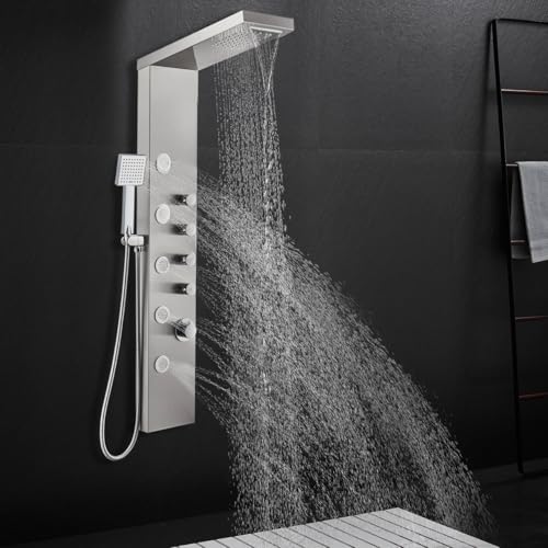 ROVATE 4-in-1 Rainfall Waterfall Shower Panel Tower System, Brushed Finish | Shower Column with Body Massage Jets and Handheld, Stainless Steel High Pressure, Use Multiple Functions Simultaneously - color: Brushed Finish