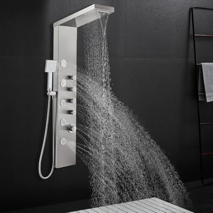ROVATE 4-in-1 Rainfall Waterfall Shower Panel Tower System, Brushed Finish | Shower Column with Body Massage Jets and Handheld, Stainless Steel High Pressure, Use Multiple Functions Simultaneously - color: Brushed Finish