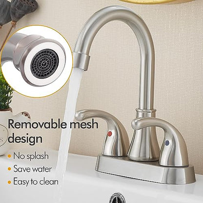 Bathroom Sink Faucet FRANSITON 4 Inch Faucet 2 Handle Bathroom Sink Faucets Lead-Free Brushed Nickel Bath Sink Faucets with Pop-up Drain Stopper and Supply Hoses - color: Brushed Nickel