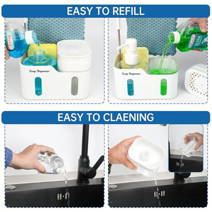 Hand Soap and Dish Soap Dispenser Set for Kitchen, Dual Soap Dispenser with Sponge Holder and Dishcloth Holder 4-in-1 Organizer for Kitchen Sink Countertop, Useful Kitchen Gadgets (White) - color: White