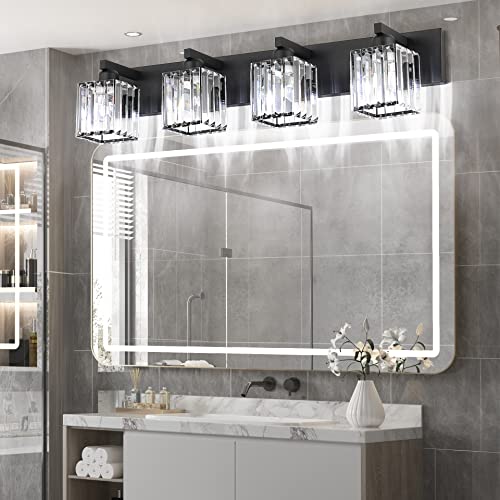 Aipsun Black Light Fixtures Bathroom Vanity Light Crystal Modern Vanity Light for Bathroom 4 Light (Exclude Bulb) - color: Black, size: 32 inch