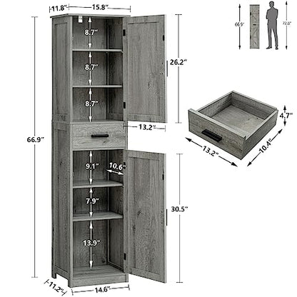TEENFON Tall Bathroom Cabinet, Storage Cabinet with 6 Shelves & Drawer, Bathroom Storage Cabinet with Adjustable Shelves, Tall Cabinet for Living Room, Home Office, Grey - color: Grey