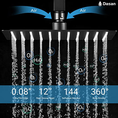 Matte Black Shower System with 4 PCS Shower Body Spray Jets & 12’’ Ceiling Shower Head & Handheld Spray, DASAN Full Body Shower Faucet System with Jets Rainfall Shower Combo Set, SA-SS03BMB-S12C - color: Matte Black