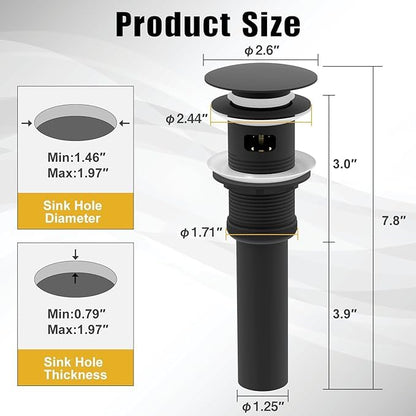 ZM Pop Up Drain Stopper with Overflow for Bathroom Faucet Vessel or Vanity Sink, Matte Black - style: Black With Overflow