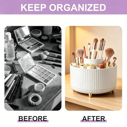 360 Rotating Makeup Brush Holder Organizer, 5-Slot Spinning Cosmetics Cup for Makeup Brushes, Nail Polish & Art Supply, Bathroom Vanity Desktop Organizer, White