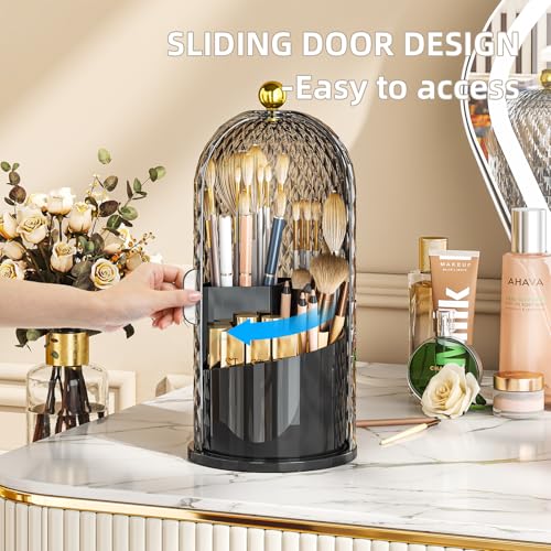 Dustproof Toothbrush Holder with Lid, 360 Rotating Countertop Electric Toothbrush Toothpaste Holders with Cover for Bathroom, 3 Slots Makeup Brush Holder with Lid for Vanity, Black - color: Dia Black
