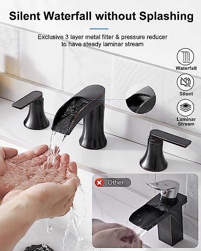 Oil Rubbed Bronze Widespread Waterfall Bathroom Sink Faucet 3 Hole, 4-8 Inch Brass Farmhouse Bathroom Faucets with Pop-up Drain and Supply Lines, 2 Handle for Vanity, Lavatory, Restroom - color: Oil Rubbed Bronze, style: WITH Pop Up Drain