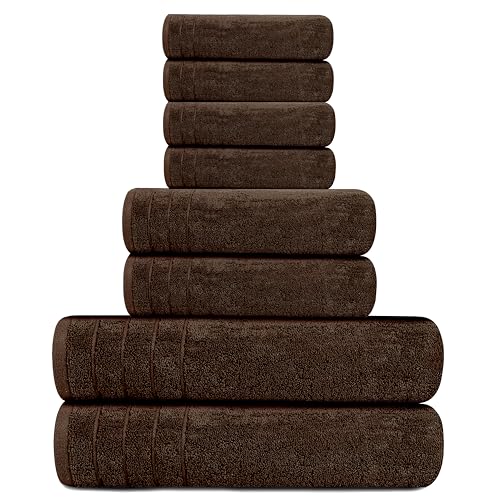 8 Piece Towel Set, 2 XL Bath, 2 Hand, 4 Washcloth, Brown | 100% Cotton, Lighter Weight, Quicker to Dry, Super Absorbent, Perfect for Bathroom - color: Brown