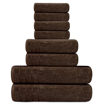 8 Piece Towel Set, 2 XL Bath, 2 Hand, 4 Washcloth, Brown | 100% Cotton, Lighter Weight, Quicker to Dry, Super Absorbent, Perfect for Bathroom - color: Brown