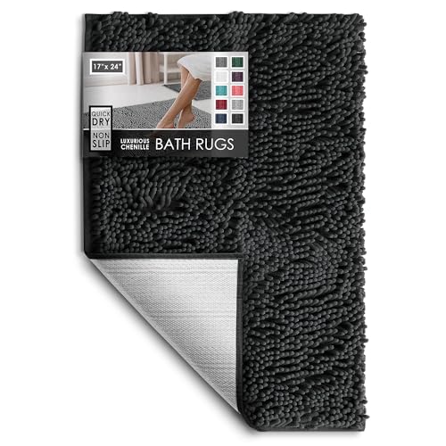 Hearth & Harbor Bathroom Rugs, Chenille Bath Mat - Machine Washable Bath Mats for Bathroom Non-Slip Backing Rubber, Quick Dry Bathroom Mat - color: Black, style: 17 x 24