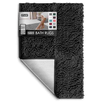 Hearth & Harbor Bathroom Rugs, Chenille Bath Mat - Machine Washable Bath Mats for Bathroom Non-Slip Backing Rubber, Quick Dry Bathroom Mat - color: Black, style: 17 x 24