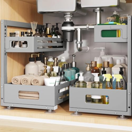 2 Pack 17IN-Depth Under Sink Organizer,Pull Out Cabinet Organizer With Smooth Cylindrical Rail,Metal Slide Out Drawer for Kitchen Bathroom Laundry,8-Level Tool Free Height Adjustable-Gun Gray - color: Gun Gray, size: 2 Pack-17"Dx9.5"-16.7"H