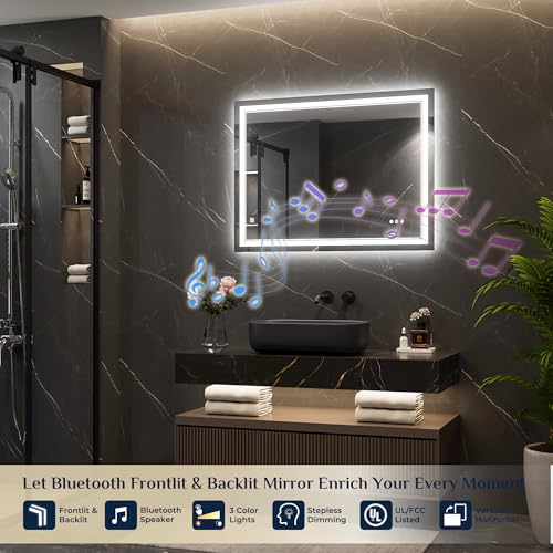 Keonjinn 40" x 30" LED Bathroom Mirror with Lights, Frontlit & Backlit | Bluetooth Speaker, Bluetooth Mirror Bathroom, HD Tempered Glass, 3000K/4500K/6000K, Dimmable, Fast & Safe Defogging, CRI90+ - size: 30"L x 40"W