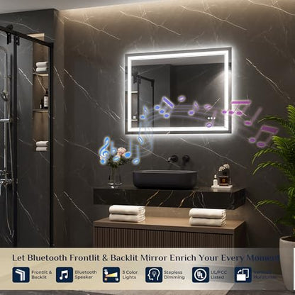 Keonjinn 40" x 30" LED Bathroom Mirror with Lights, Frontlit & Backlit | Bluetooth Speaker, Bluetooth Mirror Bathroom, HD Tempered Glass, 3000K/4500K/6000K, Dimmable, Fast & Safe Defogging, CRI90+ - size: 30"L x 40"W