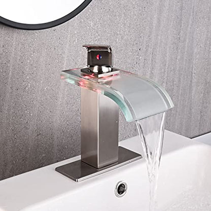 AVSIILE LED Bathroom Sink Faucet, Brushed Nickel Waterfall Single Hole Handle Vanity Faucets for Sinks 1 Hole with Metal Pop Up Drain and 2 Water Supply Lines, Wide Glass Spout - color: Brushed Nickel