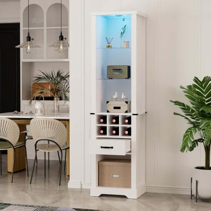 Tall Storage Cabinet with LED Lights and 3 Tier Adjustable Tempered Glass Shelves, Wine Bottle Storage and Reinforced Base, Freestanding Linen Tower w/ Extra Drawer for Kitchen, Living Room