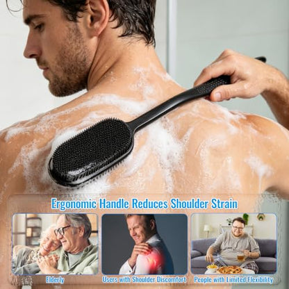 Silicone Back Scrubber for Shower, Bath Brush with Long Handle | Exfoliating & Lathering Body Scrubber Shower Brush - color: Black