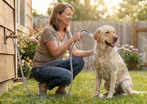 G-Promise Dog Shower Attachment with Flow Control | High Pressure, with Flow Control Lever, Extra Long Hose, Easy to Install, No-Drill Hook Mount - color: Chrome, size: 118 Inch Hose