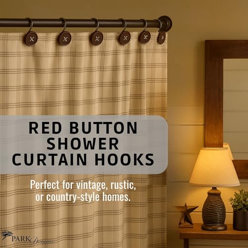 Park Designs Red Button Shower Curtain Hooks | Decorative Country Style Bathroom Curtain Rings Set of 12 | Resin Accent with Chrome-Plated Hooks | Farmhouse Shower Hook Set | Durable & Easy to Install | Resin & Chrome | Button Design | Farmhouse Bathroom