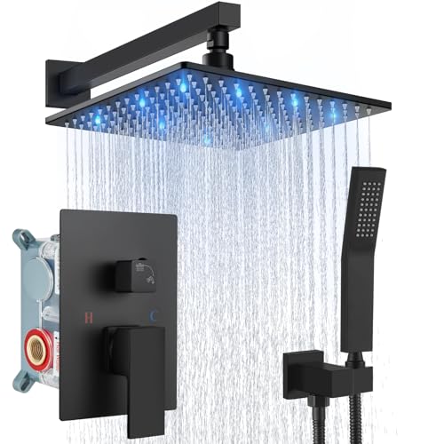 Aolemi Shower Faucet Set with Valve Handheld 10" LED Head Matte Black | Handheld Spray,10 Inch Rain LED Head,Valve and Trim Kit,All Metal,Wall Mount Shower System,Bathroom Mixer - color: Black, size: 10 Inch LED Shower Head