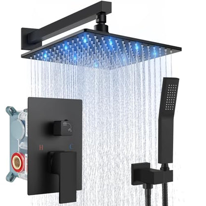 Aolemi Shower Faucet Set with Valve Handheld 10" LED Head Matte Black | Handheld Spray,10 Inch Rain LED Head,Valve and Trim Kit,All Metal,Wall Mount Shower System,Bathroom Mixer - color: Black, size: 10 Inch LED Shower Head