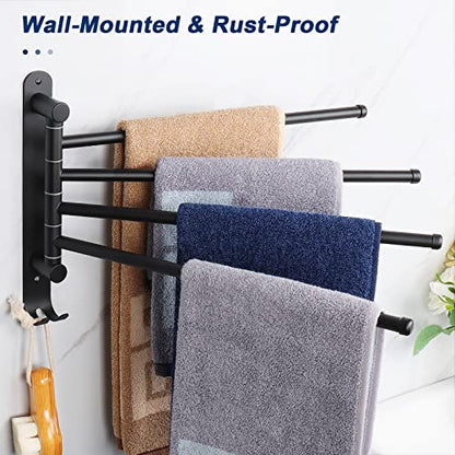NearMoon Swivel Towel Rack, 13.8" Thicken 304 Stainless Steel 4-Arm Towel Bar, Space Saving Wall Mounted Towel Holder with Hook, Rustproof Swing Out Towel Hanger for Bathroom, Kitchen (Matte Black) - color: Matte Black, size: 13.8 Inch