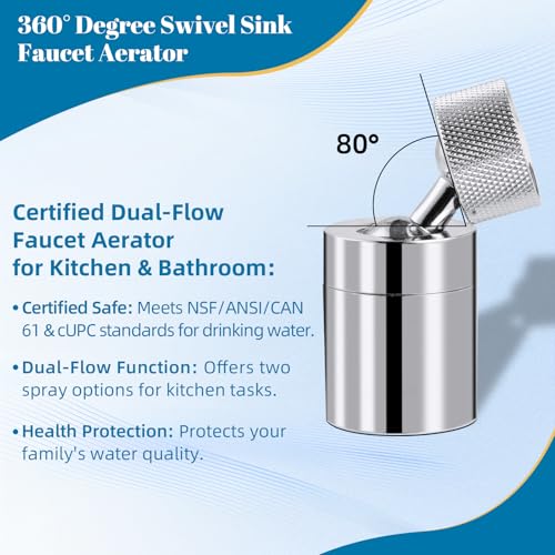 Hibbent NSF/ANSI/CAN 61 Certified Dual-function Faucet Aerator, CUPC Certification Big Angle Rotate Kitchen Sink Aerator 360 Degree Swivel Sink Sprayer Attachment-55/64 Inch Female Thread-Chrome - color: Chrome, style: Upgraded Aerator with 2 Swivel Joint